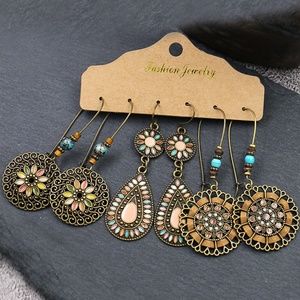 Antique Gold Boho Retro Dangle Earrings Set (3-pairs)
